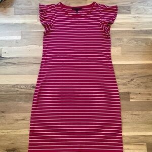 Wh|bm Ruffled Short Sleeve Knee Length Striped Dress White & Dark Pink Women’s S